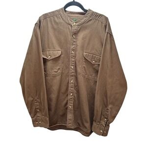 Scandia Woods Shirt 2XL Brown Cotton Banded Mandarin Collar Workwear Vintage